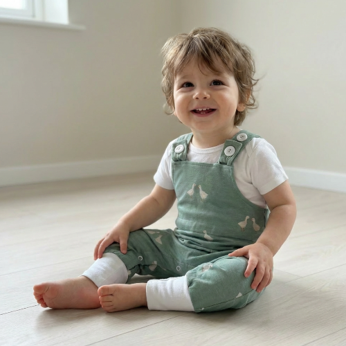 Állítható méretű zöld libás kantáros gyerek nadrág